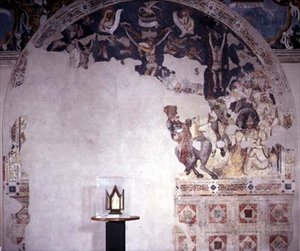 Ukrzyżowanie, zniszczona luneta z Appartamento Guastalla, przypisywana szkole bolońskiej (fresk) autorstwa Italian School