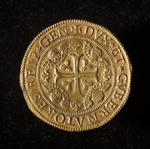 Waluta Republiki Genów: 12,5 złota podwójna moneta. Średnica 61 mm. 1656. przód. Muzeum Genów Strada Nuova (inw. 6456) autorstwa Italian School