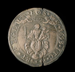 Waluta Republiki Genów: szeroka ECU w srebrze. Śr. 61 mm. 1693. powrót. Genes Musei di Strada Nuova (inw., M7097) autorstwa Italian School