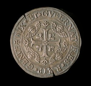 Waluta Republiki Genów: szeroka ECU w srebrze. Śr. 61 mm. 1693. przód. Genes Musei di Strada Nuova (inv, M7135) autorstwa Italian School