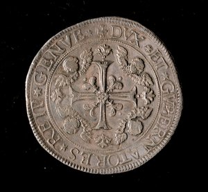 Waluta Republiki Genów: srebrna moneta 5 ecu. Śr. 61 mm. 1693. Przód. Genes Musei di Strada Nuova autorstwa Italian School