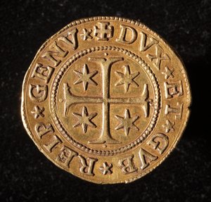 Waluta Republiki Genów: pięć złotych monet podwójnych. Średnica 41 mm. 1642. Przód. Muzea genów Strada Nuova autorstwa Italian School