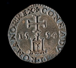 Waluta Republiki Genów: srebrny teston (lub teston) Błogosławieństwa. Przód przedstawiający portal Genui pod krzyżem. 1554 Genes, Musei di Strada Nuova autorstwa Italian School