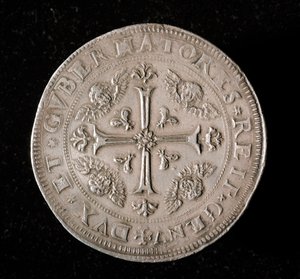 Waluta Republiki Genów: srebrna moneta 6 ecu. Śr. 61,5 mm. 1715. Powrót. Genes Musei di Strada Nuova (inv, M7156) autorstwa Italian School
