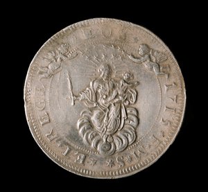 Waluta Republiki Genów: srebrna moneta 6 ecu. Śr. 61,5 mm. 1715. Przód. Genes Musei di Strada Nuova (inv, M7156) autorstwa Italian School