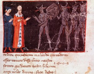 Dante i Virgil rozmawiają z Malacodą, dowódcą szwadronów Malebranche (pieśń 21 z piekła, w Boskiej Komedii) - miniatura autorstwa Italian School