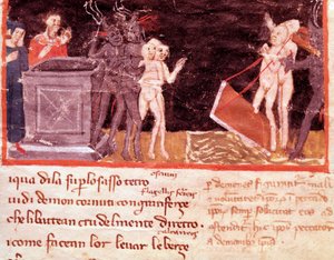 Dante i Virgil w otoczeniu alfonsów i uwodzicieli (piosenka 18 z piekła rodem w Boskiej Komedii) - Miniatura autorstwa Italian School