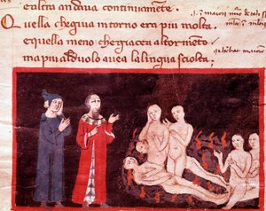 Dante et Virgil w otoczeniu brutali (pieśń 14 z piekła w Boskiej Komedii) - miniatura XIV w. autorstwa Italian School
