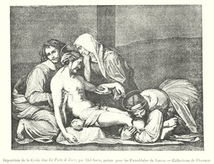 Osadzanie krzyża znanego jako La Pieta di Luco, autorstwa Del Sarte, namalowany dla kamedułów z Lucco, Collections of Florence (rycina) autorstwa Italian School