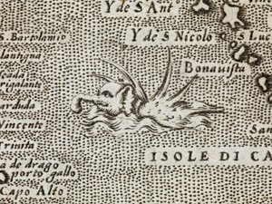 Szczegół słonia morskiego z imponującą gamą kolców wystających z jego grzbietu, z „Najsłynniejszej wyspy na świecie, opisanej przez Thomaso Porcacchi z Castiglione, Arretino i wyrzeźbionej przez Girolamo Porro, Padovano” autorstwa Italian School