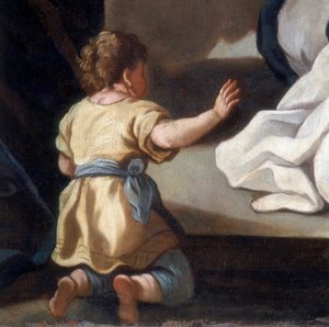 Fragment obrazu przedstawiający Madonnę Różańcową ze świętymi Dominikiem i Katarzyną ze Sieny autorstwa Italian School