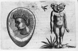 Różne typy ludzkich potworów: człowiek kopalny i potwór. Rycina z „Natury potworów, ich przyczyn i różnic” autorstwa włoskiego naukowca Fortunio Whilei (1577-1656). 1646 autorstwa Italian School
