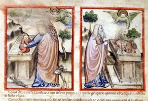 Epizod ofiarowania Izaaka przez Abrahama. Miniatura z Kodeksu 212 (lub Kodeksu Padewskiego lub Biblii Padwy) 1390-1400 Rovigo, Accademia dei Concordi autorstwa Italian School