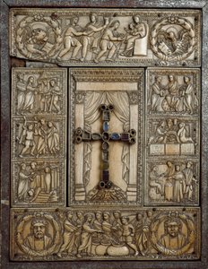 Okładka ewangelicka zwana „Dittico delle cinque parti” (dyptyka pięciu części) z kości słoniowej zdobi epizody bóstwa jus. V wiek. Mediolan, Tesoro del Duomo autorstwa Italian School