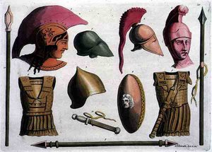 Przykłady Etruscan Arms and Armour, z „Costumi dei Romani”, rytowane przez D. K. Bonattiego, ok. 1805-20 (akwatinta) autorstwa Italian School