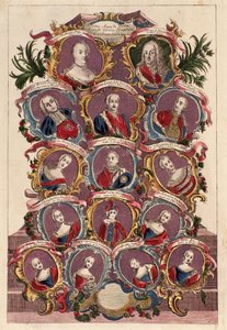 Drzewo genealogiczne cesarzowej Marii Teresy Habsburgów (1717-1780) z mężem Franciszkiem I z dziećmi: Marią Elżbietą, Józefem II, Marią Amalią, Leopoldem II, Ferdynandem i Maksymilianem autorstwa Italian School