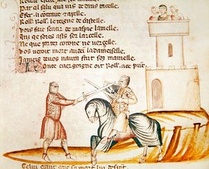 Walka między żołnierzem konnym a żołnierzem pieszo, z Codex Entree dEspagne autorstwa Italian School