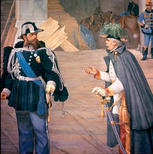 Pierwsza włoska wojna o niepodległość: „” Bitwa pod Novara (Novara) w dniu 13.09.1849”” Zwana także bitwą pod Bicoque. Vittorio Emanuele (Victor Emmanuel) (Victor-Emmanuel) II (1820-1870) i Joseph Radetzky (1766-1858) po bitwie. Szczegół fresku autorstwa Italian School