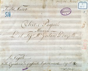Pierwsza strona partytury z opery „Olivo e Pasquale” Gaetano Donizettiego (tusz na papierze) autorstwa Italian School