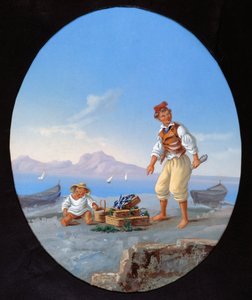 Rybak na plaży z wyspą Capri w tle autorstwa Italian School