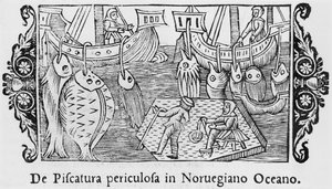 Łowienie ryb w Oceanie Norweskim, ilustracja z Historii Narodów Północy autorstwa Olausa Magnusa (1490-1558), opublikowana w Rzymie, 1555 autorstwa Italian School