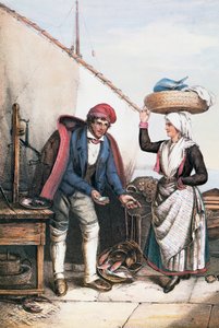 Sprzedawca ryb i chłop, ilustracja z kostiumów Istrii, Włochy autorstwa Italian School