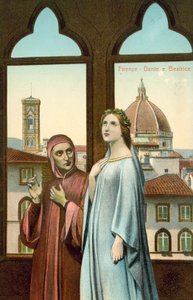 Florencja, Dante i Beatrycze (kolorowa litografia) autorstwa Italian School