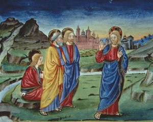 Fol.103v Po przemienieniu Chrystus mówi apostołom, aby nie ujawniali tego aż do czasu Zmartwychwstania (welum) (szczegół) autorstwa Italian School
