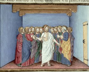 Fol.135v Jezus ukazuje się uczniom zgromadzonym pod jednym dachem ze strachu przed sędziami (welum) autorstwa Italian School