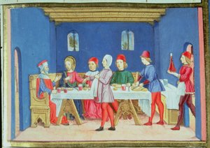 Fol.75v Jezus podczas posiłku w domu faryzeusza pyta, czy wolno mu uzdrawiać w szabat (wellum) autorstwa Italian School