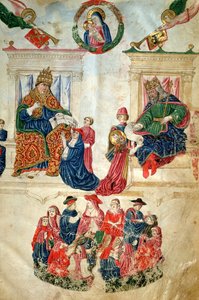 Założenie Uniwersytetu Bolońskiego przez cesarza Teodozjusza II (408-450) oraz przywileje nadane przez papieża Pawła II (1417-71) (welum) autorstwa Italian School