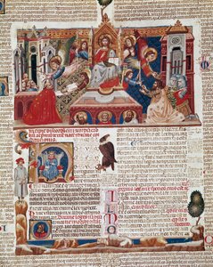 Strona frontispijska rękopisu „Decret de Gratien” („Concordia discordantiorum canonum” lub „Decretum Gratiani”) z 1140 r. i regulującego prawa i kanony Kościoła rzymskokatolickiego. Siena z XIV wieku, Biblioteca degli Intronati autorstwa Italian School