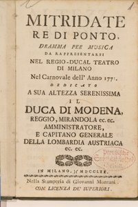 Frontyspis z wczesnej kopii Mitridate, re di Ponte, opery Wolfganga Amadeusza Mozarta, 1770 autorstwa Italian School