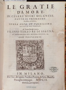 Frontyspis Le Gratie dAmore (Le Grazie dAmore) włoskiego tancerza Cesare Negri pt. Il Trombone (1536-1604), traktat o tańcu autorstwa Italian School