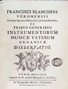 Frontyspis utworu „Tribe Instrumentorum Musicae Veterum” o dawnych instrumentach muzycznych Francesco Brea autorstwa Italian School