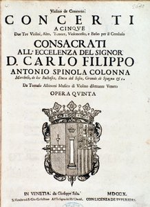 Frontyspis partytury muzycznej „Concerti a cinque, opera 5” Tomaso Albinoni autorstwa Italian School