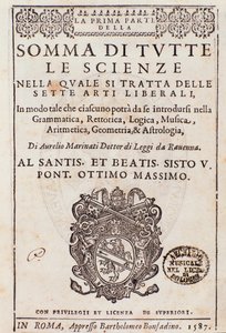 Frontyspis zaczerpnięty z Sumy wszystkich nauk, esej o sztukach wyzwolonych, autorstwa Aurelio Marinati autorstwa Italian School