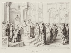 Giovanni II Partecipazio zrzeka się księstwa, 887 (rycina) autorstwa Italian School