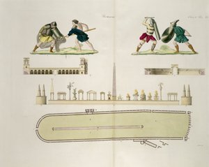 Gladiatorzy i plan cyrku Karakalli, tablica 23A, klasa 5 z części I Dziejów Narodów, sztych. A. Nani (akwatinta) autorstwa Italian School