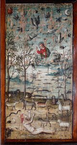 Bóg stwarza Adama, zwierzę, ziemię, niebo i wodę Obraz na drewnie zdobiący płycinę gabinetu antycznej zakrystii Bramante (Obraz w zakrystii Bramante) Basilica di Santa Maria delle Grazie, Mediolan, Włochy autorstwa Italian School