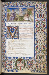 Harley 3567, f.9 Miniatura Petrarki i Laury, z miłością celującą strzałą w Laurę, z filmu „Rime i Trionfi” autorstwa Italian School