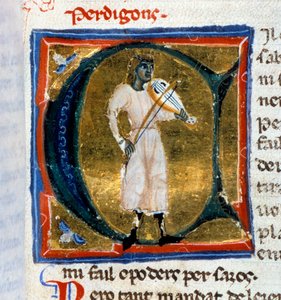 List historyka (litera A). Trubadur z Perdigon grający starca. Miniatura zaczerpnięta z rękopisu „Chansonnier prowansalska” (Folio 36), napisana przez Perdigona i skopiowana przez Atelier of Venice-Padua autorstwa Italian School