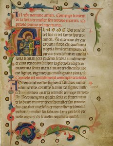 Historyczny inicjał „A” przedstawiający św. Teodora z Mariegoli, 1350 (atrament na welinie) autorstwa Italian School