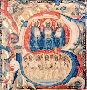 Historyczny inicjał B przedstawiający Trójcę i Chrystusa w otoczeniu aniołów, Szkoła bolońska, ok. 1340-50 autorstwa Italian School