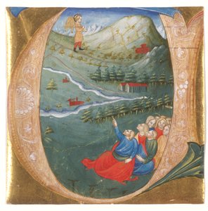 Historyczny inicjał przedstawiający Elizeusza w płaszczu Eliasza, wycięty z antyfonarza, ok. 1440 (tempera i złoty liść na pergaminie) autorstwa Italian School