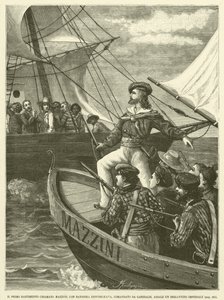 Pierwsza stocznia o nazwie Mazzini, z flagą republikańską, dowodzona przez Garibaldiego, Assale Imperialna brygada (rycina) autorstwa Italian School