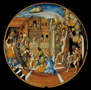 Iliada Homere: fajansowa potrawa przedstawiająca ogień Troi. zrealizowany w Faenzie. 1525-1530. Paryż, Luwr autorstwa Italian School