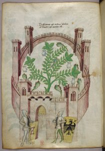 Ilustracja przedstawiająca ogród balsamowy w Kairze (Fustat), z siedmioma basenami z wodą i dzbanami do łapania balsamu, rośliną w centrum, z dwoma rycerzami w zbrojach flankującymi bramę, z tarczami z heraldycznymi ramionami, ok. 1440 r. (tusz i kolor na  autorstwa Italian School
