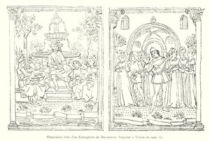 Ilustracja z kopii Dekameronu, wydrukowana w Wenecji w 1492 r. I (ryta) autorstwa Italian School