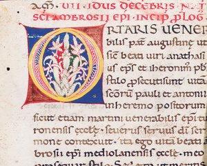 Inicjał „O” na rewersie cięcia z Paulinusem z Mediolanu, Vita Sancti Ambrosii, prawdopodobnie z Toskanii, ok. 1150-75 (tusz na welinie) autorstwa Italian School